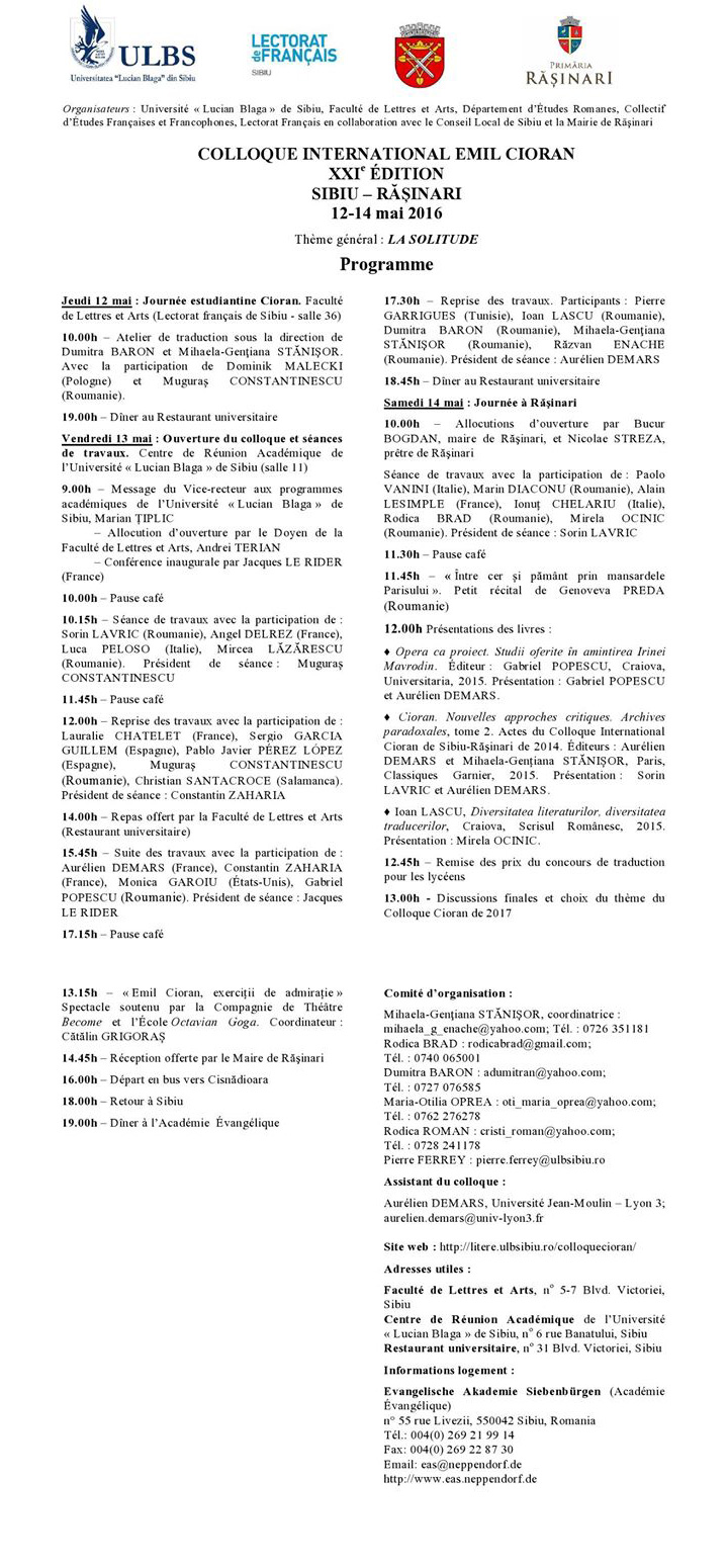 Colloque Cioran 2016 Sibiu